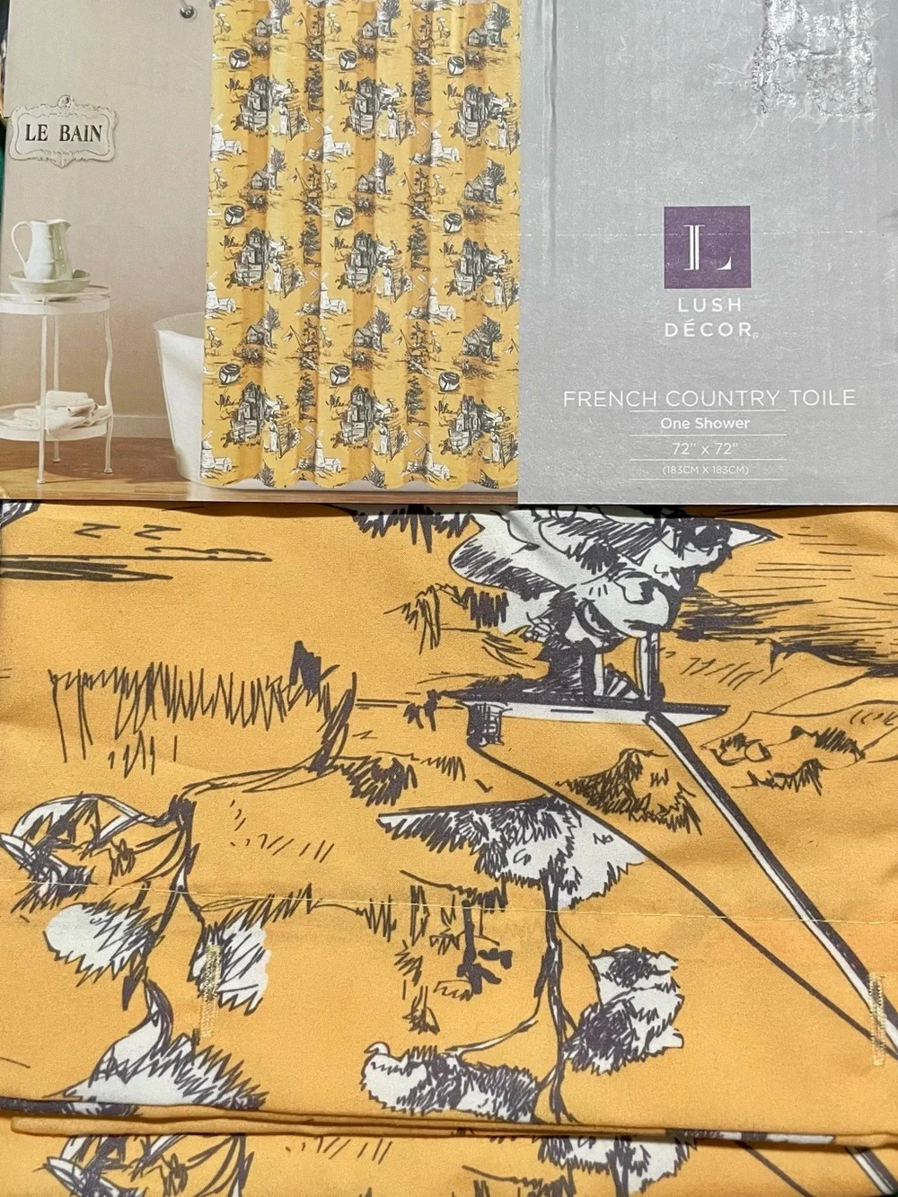 French Country Toile Yellow Gray Shower Curtain with Scenic Pattern Lush Decor
